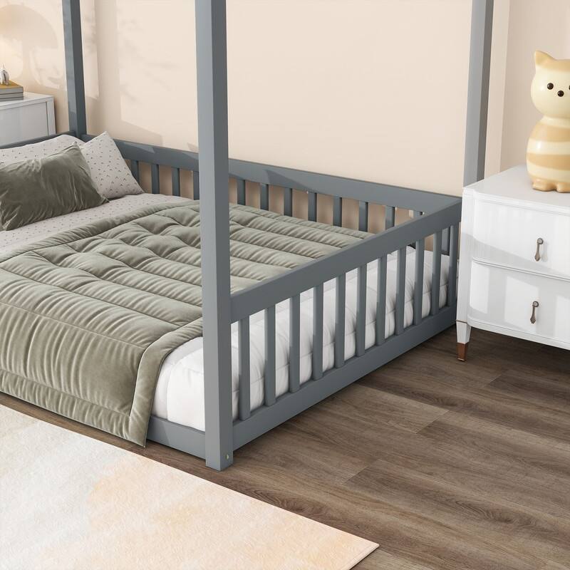 Full Size Rubber Wood Floor Bed Canopy Bed with Fence,Guardrails
