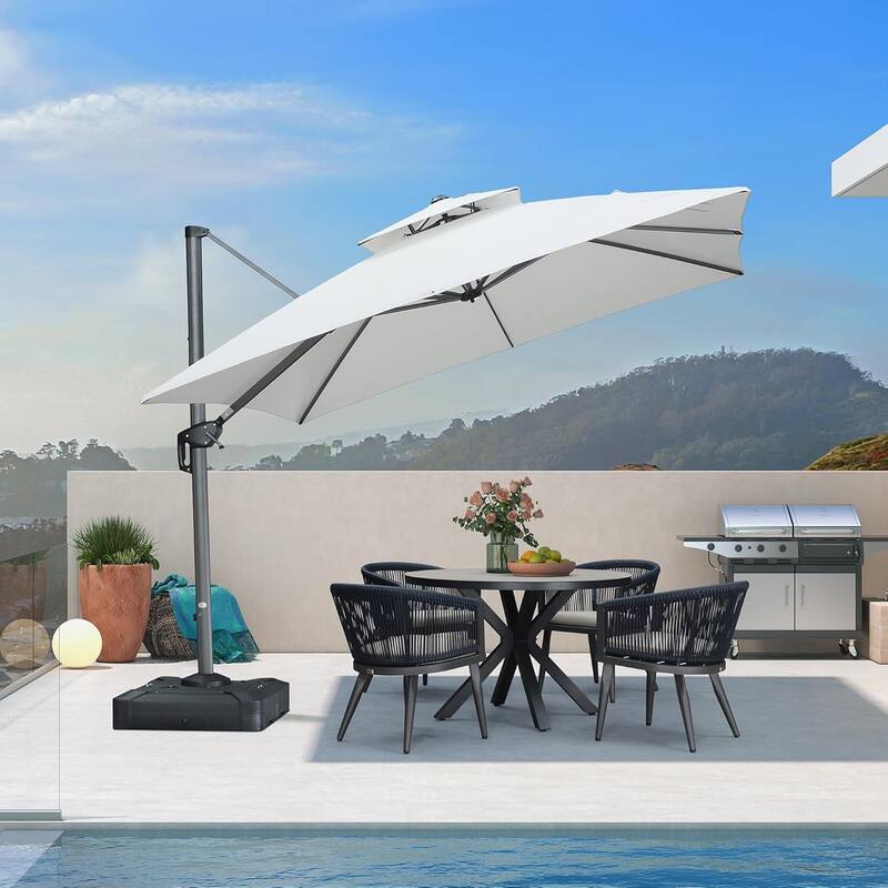 PURPLE LEAF 10/12 ft Square Heavy Duty Large Offset Hanging 360°Rotation Patio Cantilever Umbrella with Base - White/10ft