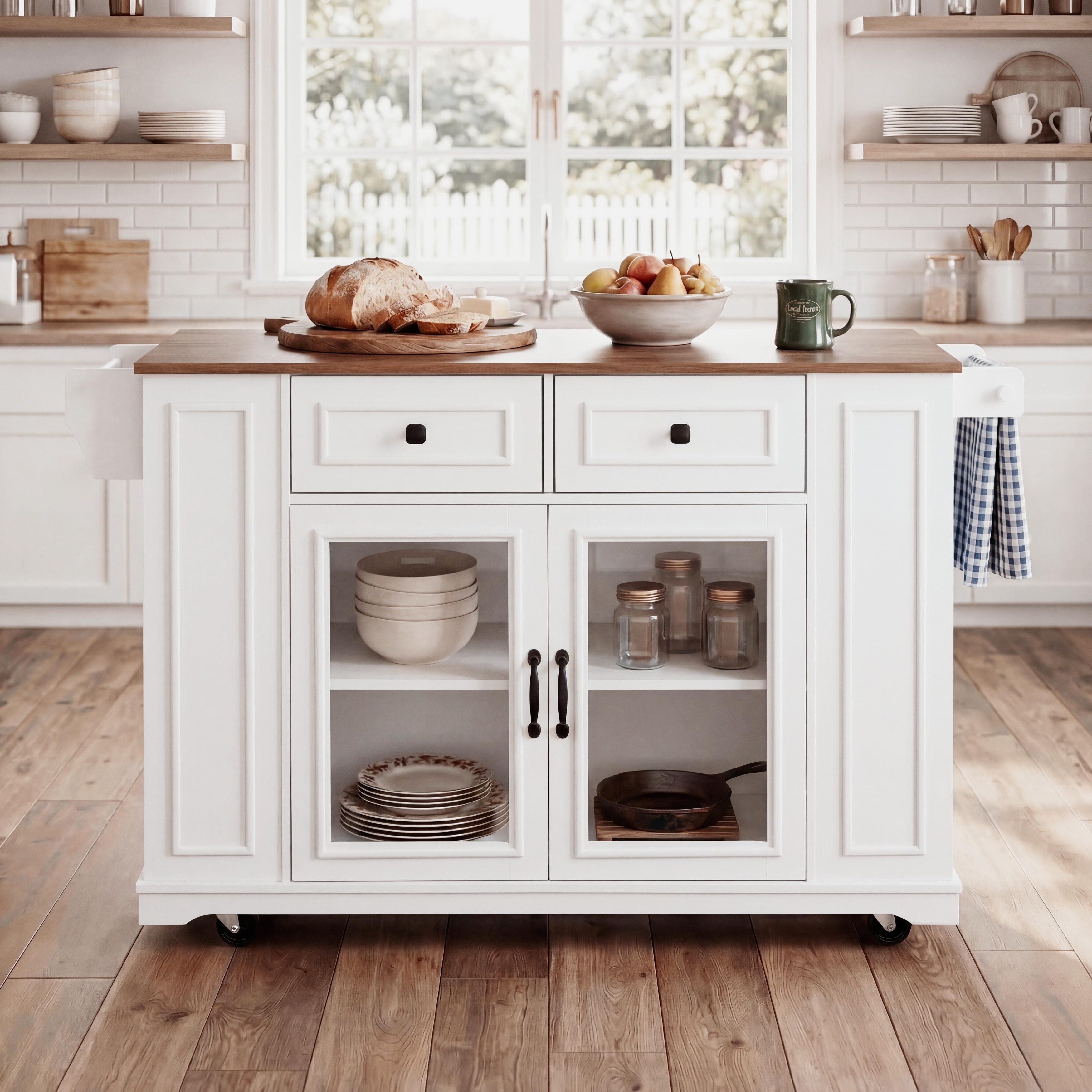 Christopher Knight Home - Avery Mobile Kitchen Island Wood Prep Table, Glass Storage Cabinets, Towel Rack & Power Outlet