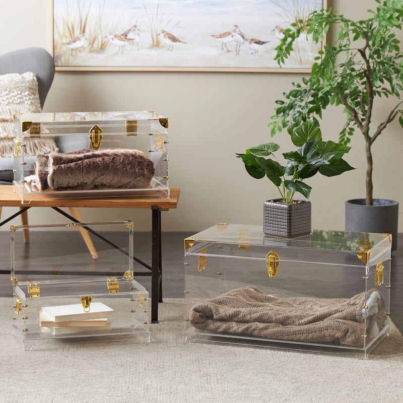 Acrylic Plastic Storage Trunk with Gold Metal Hardware and Studded Details - Set of 3 Clear - Roche River Decor