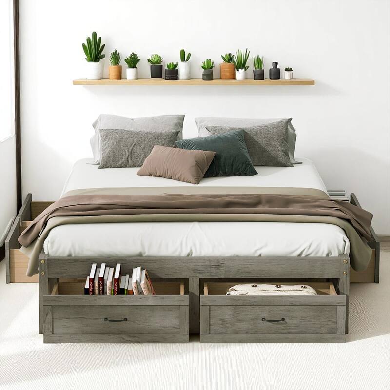 Full/Queen Platform Bed with 6 Storage Drawers, Modern Wood Frame with Slats, No Box Spring Needed