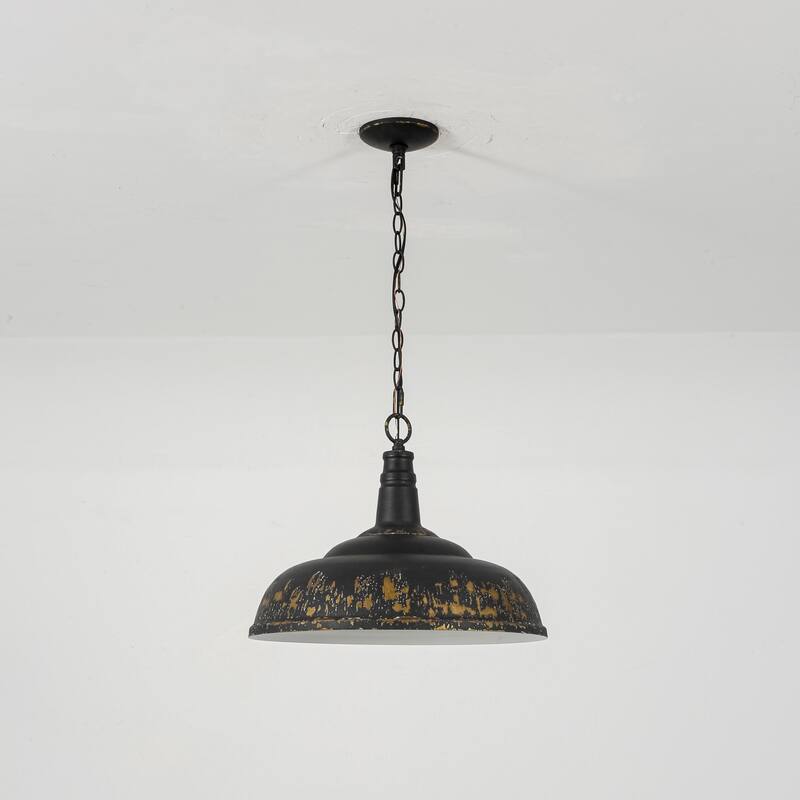 17.7" 1-Light Farmhouse Industrial Black and Gold Distressed Metal Dome Pendant Light with Adjustable Chain