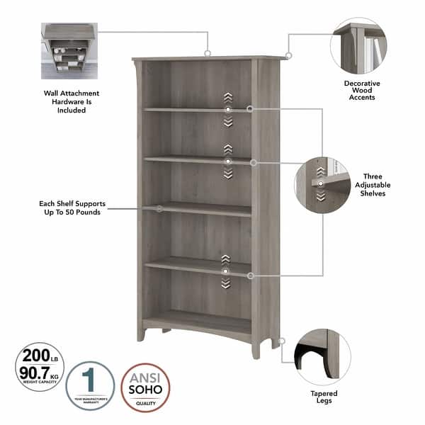 dimension image slide 6 of 7, Bush Furniture Salinas Tall 5 Shelf Bookcase with Adjustable Shelves