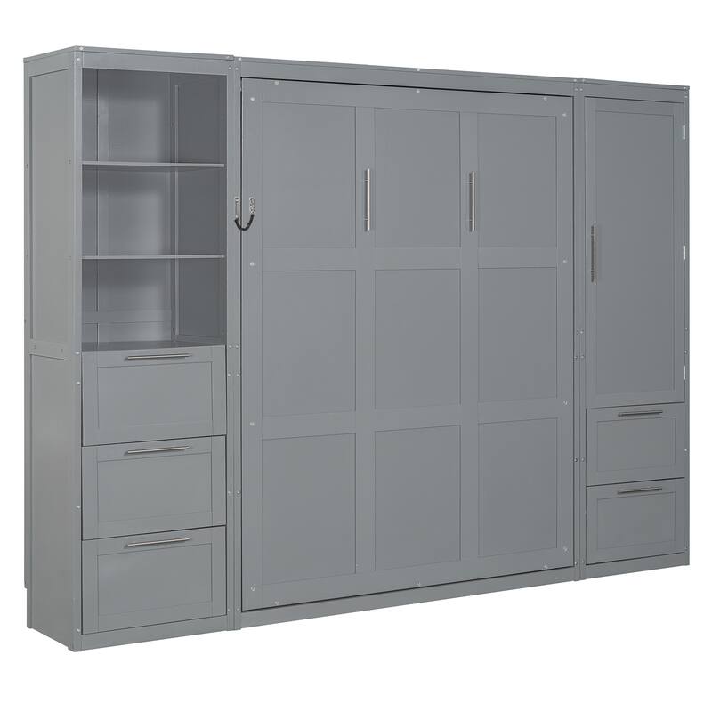 Roomfitters Queen Size Wall Murphy Bed with Closet, Shelves & Drawers
