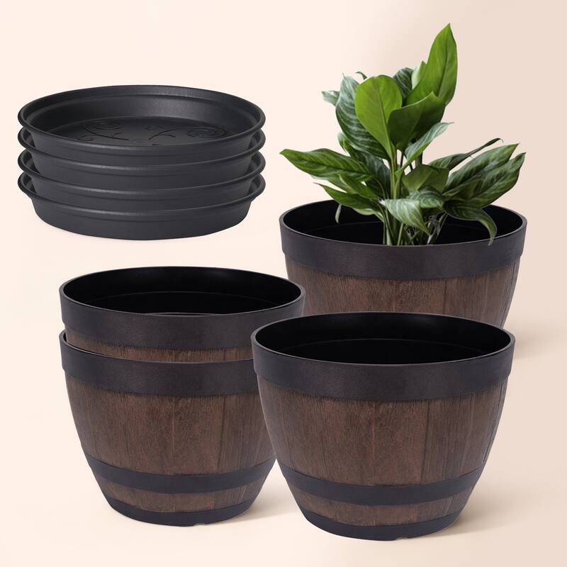 Javlergo 4 Pack 11.3" Plastic Planter with Drainage Holes Black Saucers for Outdoor Gardens and Indoor Decorations - Brown