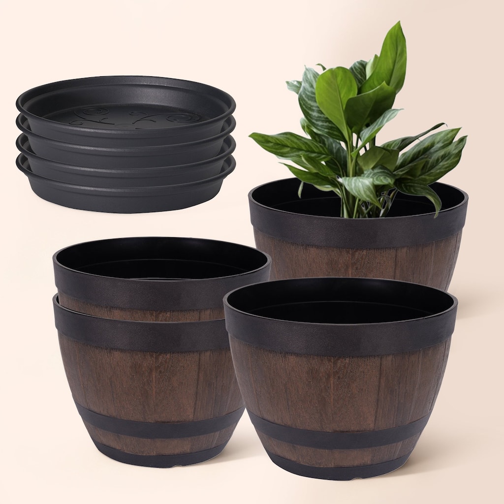 Javlergo 4 Pack 11.3" Plastic Planter with Drainage Holes Black Saucers for Outdoor Gardens and Indoor Decorations