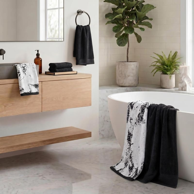 Superior 100% Cotton Marble Effect 6 Piece Towel Set Lightweight Quick Dry Bath Towels with Velour Finish & Jacquard Border