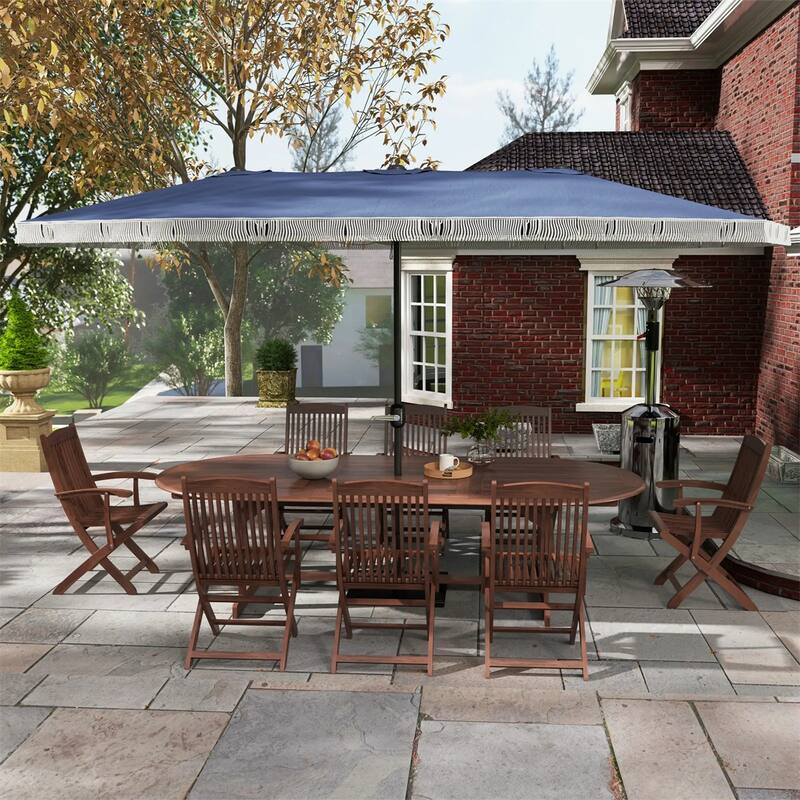 Large Double Rectangle Patio Umbrella with Crank Lift and UV Protection Steel Pole Fringe