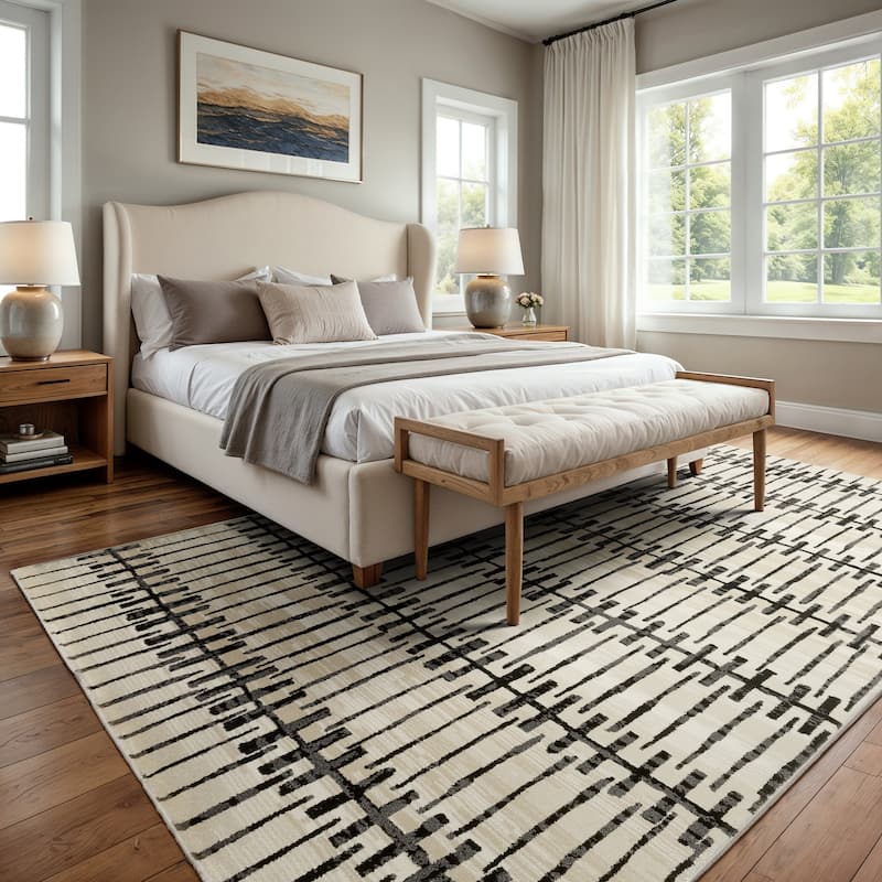Style Haven Ripley Geometric Lines Beige/ Black Mixed Pile Area Rug - 7' 10" x 10' 10" - Rectangle