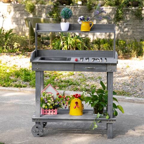 Outsunny 36.25" x 17.75" x 46.75'' Wooden Potting Bench Work Table with 2 Removable Wheels & Large Storage Spaces