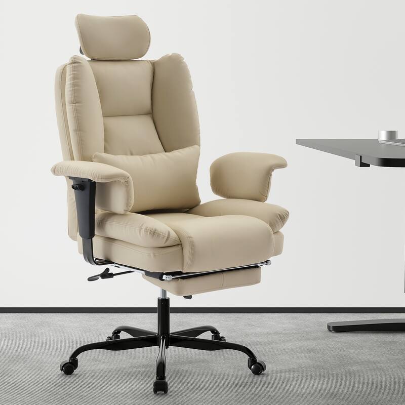 Ergonomic Office Chair PU Leather Computer Chair with Liftable Headrest Lumbar Support and High Backrest, for Home Office