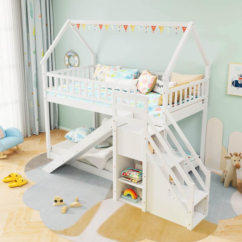 Floor House Bed Wood Twin Over Twin Bunk Bed w/ Slide & Staircase