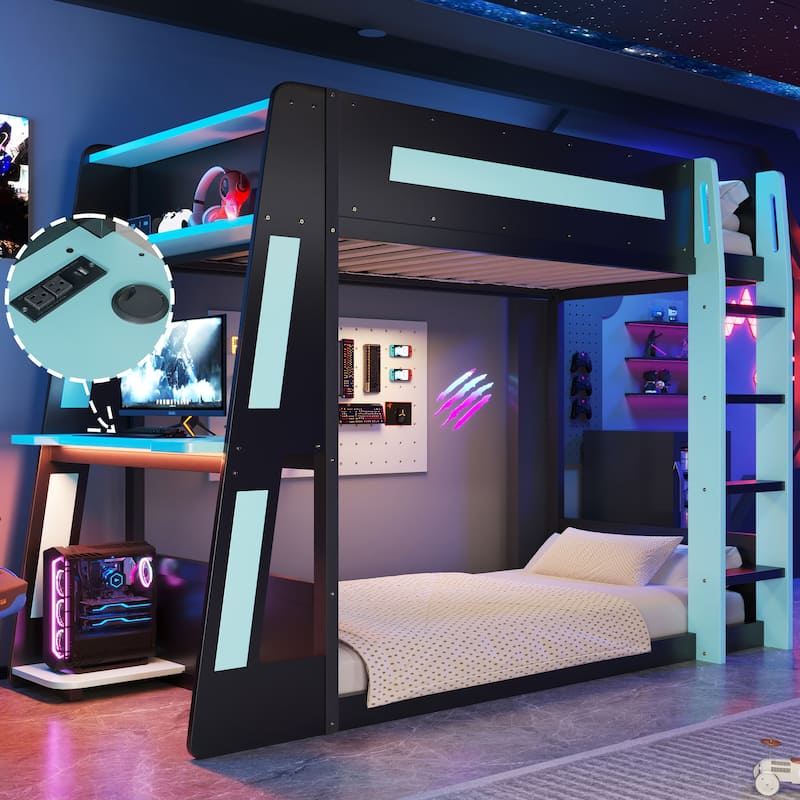 Full or Twin Gaming Bunk Bed Gaming Loft Bed with Built-In Gaming Station Cable Management for Gamer Gaming Hotel Gaming Suite