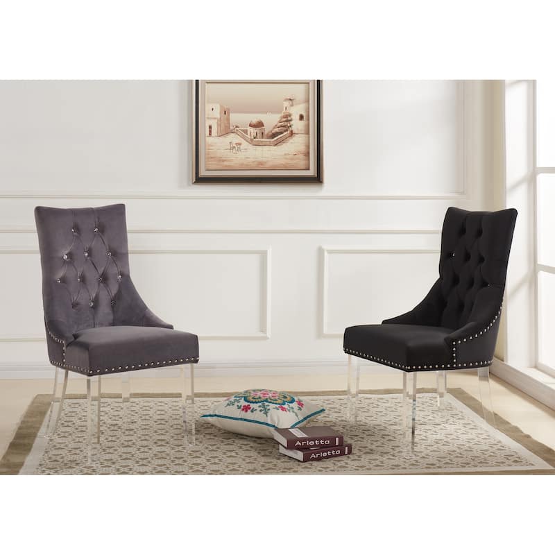 Modern and Contemporary Tufted Dining Chair in Gray Velvet with Acrylic Legs