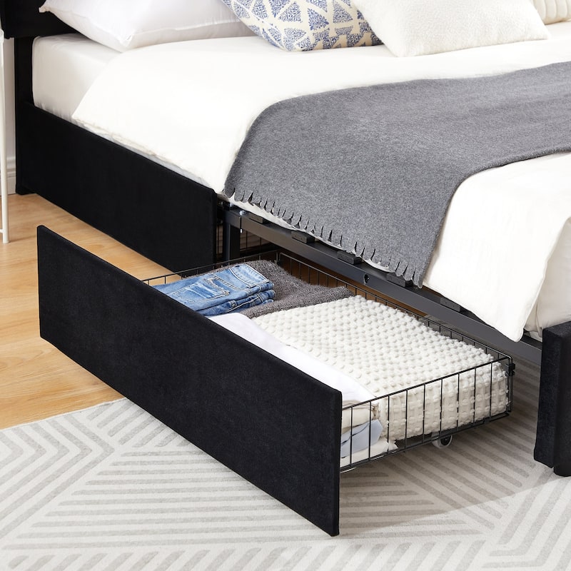 Black Bed Frame with 4 Storage Drawers, Upholstered Platform Bed Frame with Adjustable Headboard