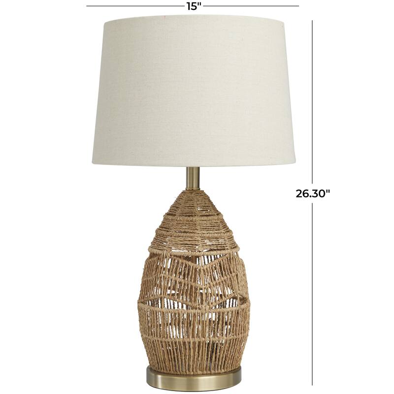 Wicker Wood Handmade Woven Room Table Lamp with Zig Zag Pattern and Gold Base - Brown - Roche River Decor
