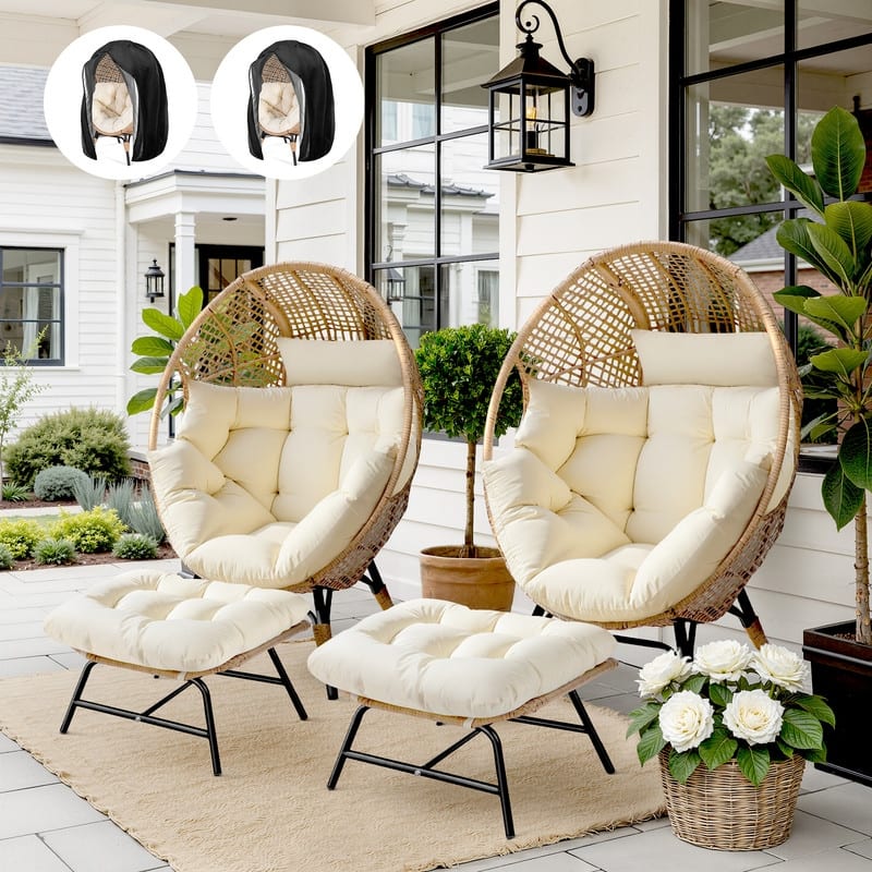 Outdoor Wicker Egg Chair with Ottoman, 6.5" Cushions, 440 lb Capacity