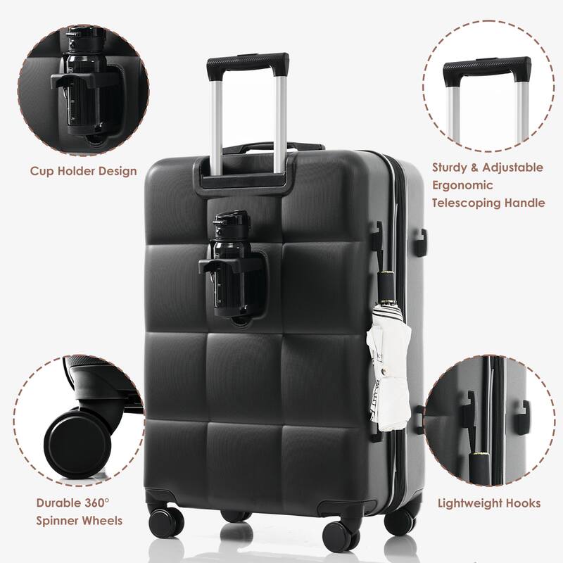 Durable ABS 4-Piece Luggage Set with USB Port, Expandable Suitcases, Spinner Wheels, Cup Holder & Travel Bag