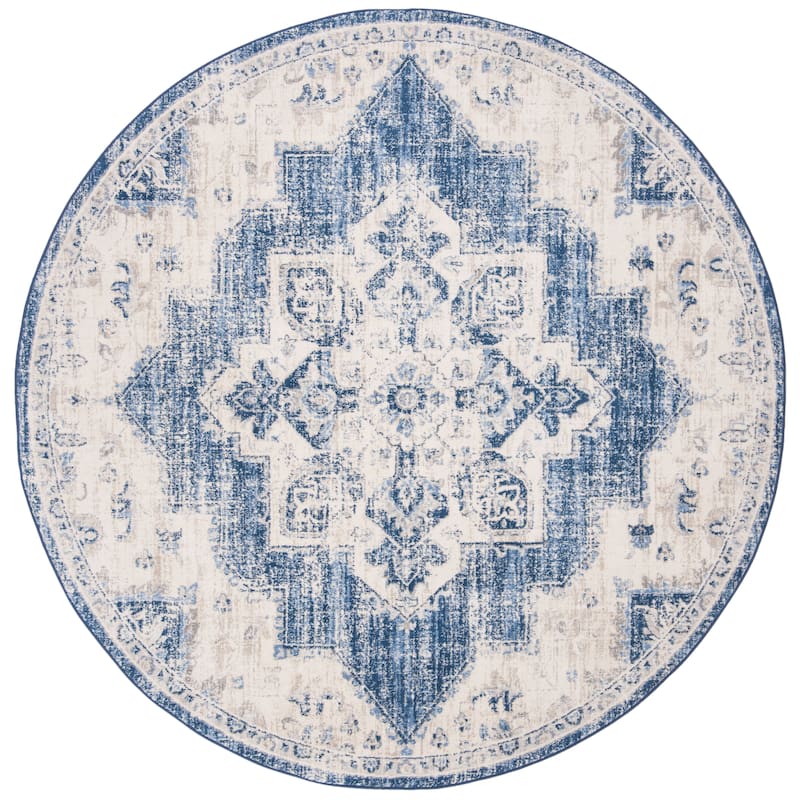 SAFAVIEH Brentwood Vassiliki Traditional Oriental Medallion Rug - 3' Round - Ivory/Navy