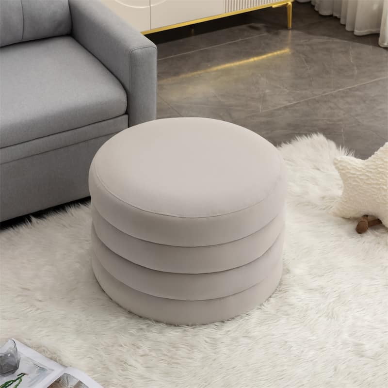 Fabric Storage Round Ottoman Footstool with Wooden Shelving