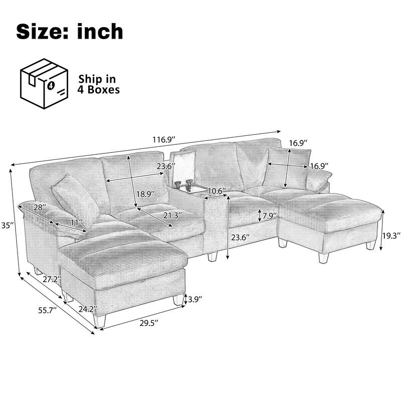Roomfitters U-Shaped Sectional Sofa 116.9" Corduroy Upholstered Couch with Storage Ottomans, Cup Holders and USB Ports
