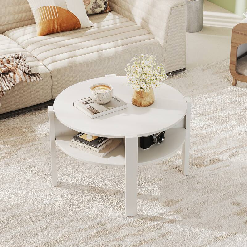 Gymax 29.5'' 2-Tier Round Coffee Table w/ Storage 4 Shelves Faux