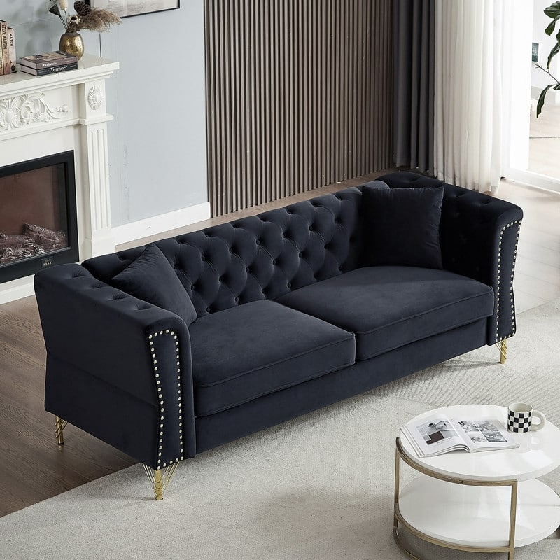Modern Living Room Chesterfield Sofa,Tufted Couch with Metal Foot and Nailhead,Two Pillows