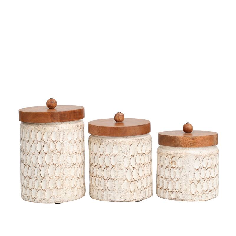 Paper Mache Geometric Handmade Carved Spotted Canisters with Brown Removable Lids - Set of 3 Cream - Roche River Decor