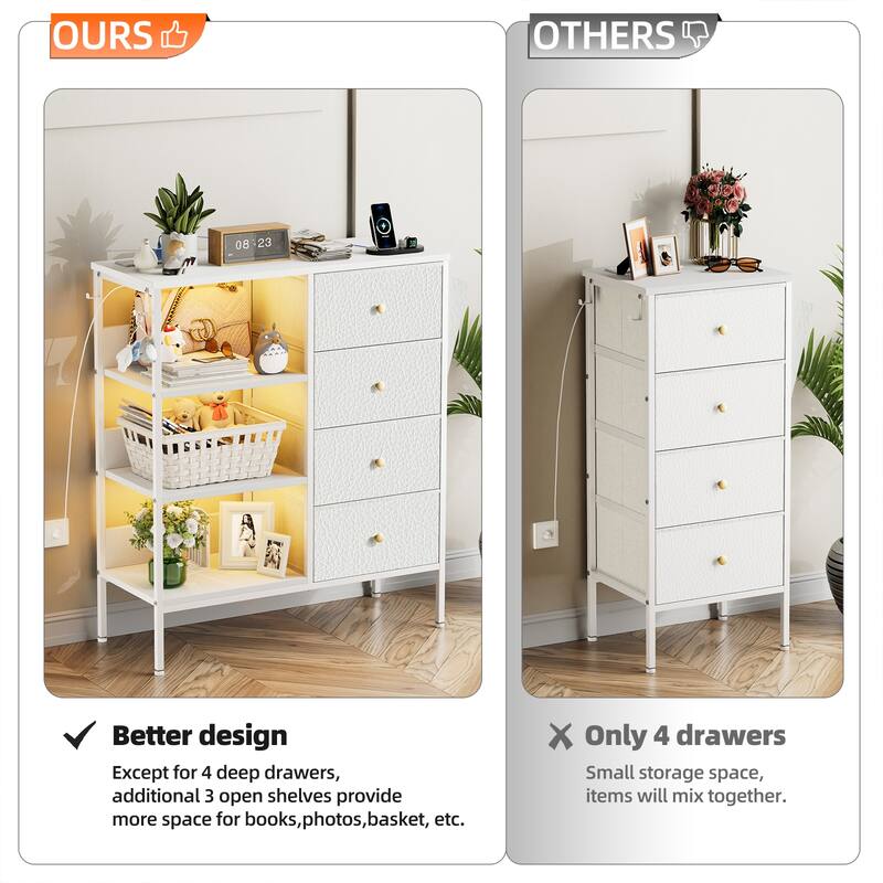 White Storage Cabinet with 4 Drawers, 3 Open Shelves & Built - in Power Outlets
