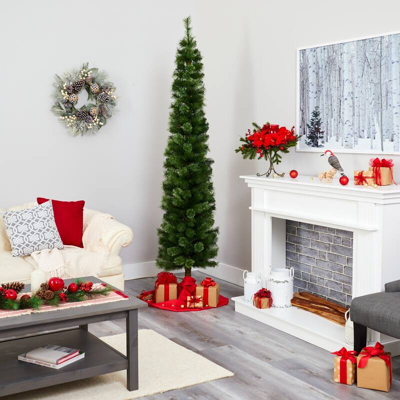 7ft. Green Pencil Artificial Christmas Tree with 150 Clear Multifunction LED Lights and 338 Branches - Stylish Slim X-Mas Tree