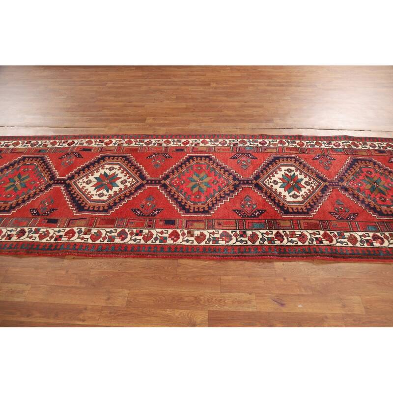 Geometric Ardebil Persian Vintage Runner Rug Handmade Wool Carpet - 3'7"x 10'7"