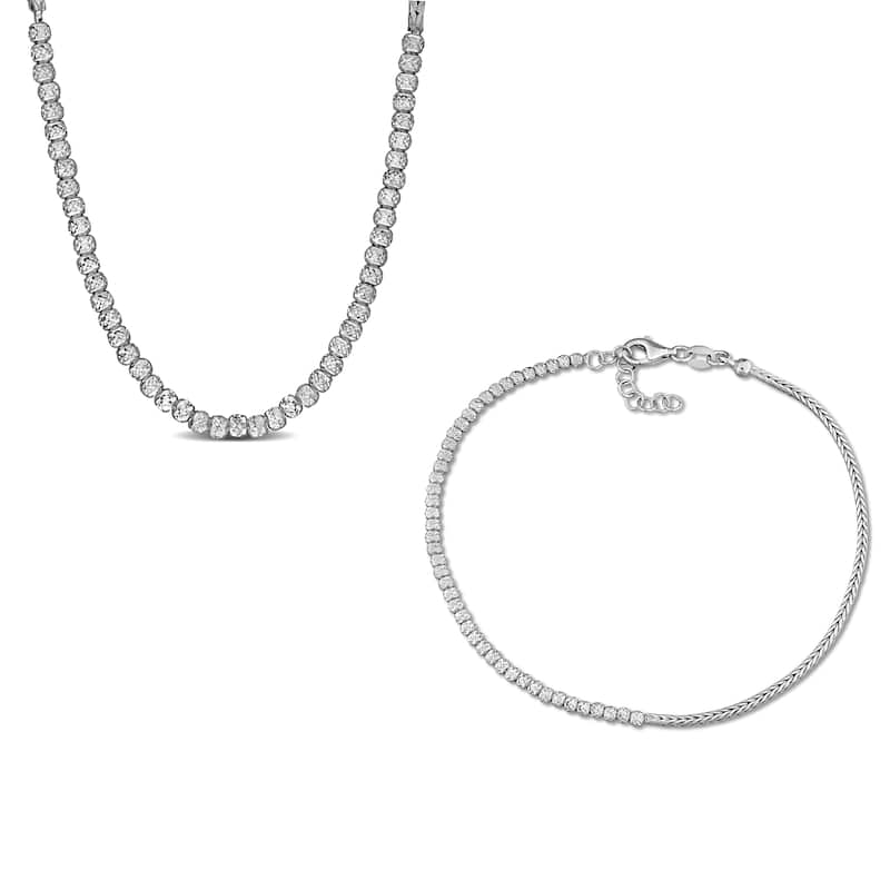 Miadora Sterling Silver Wheat Link Chain Necklace and Bracelet Set - White