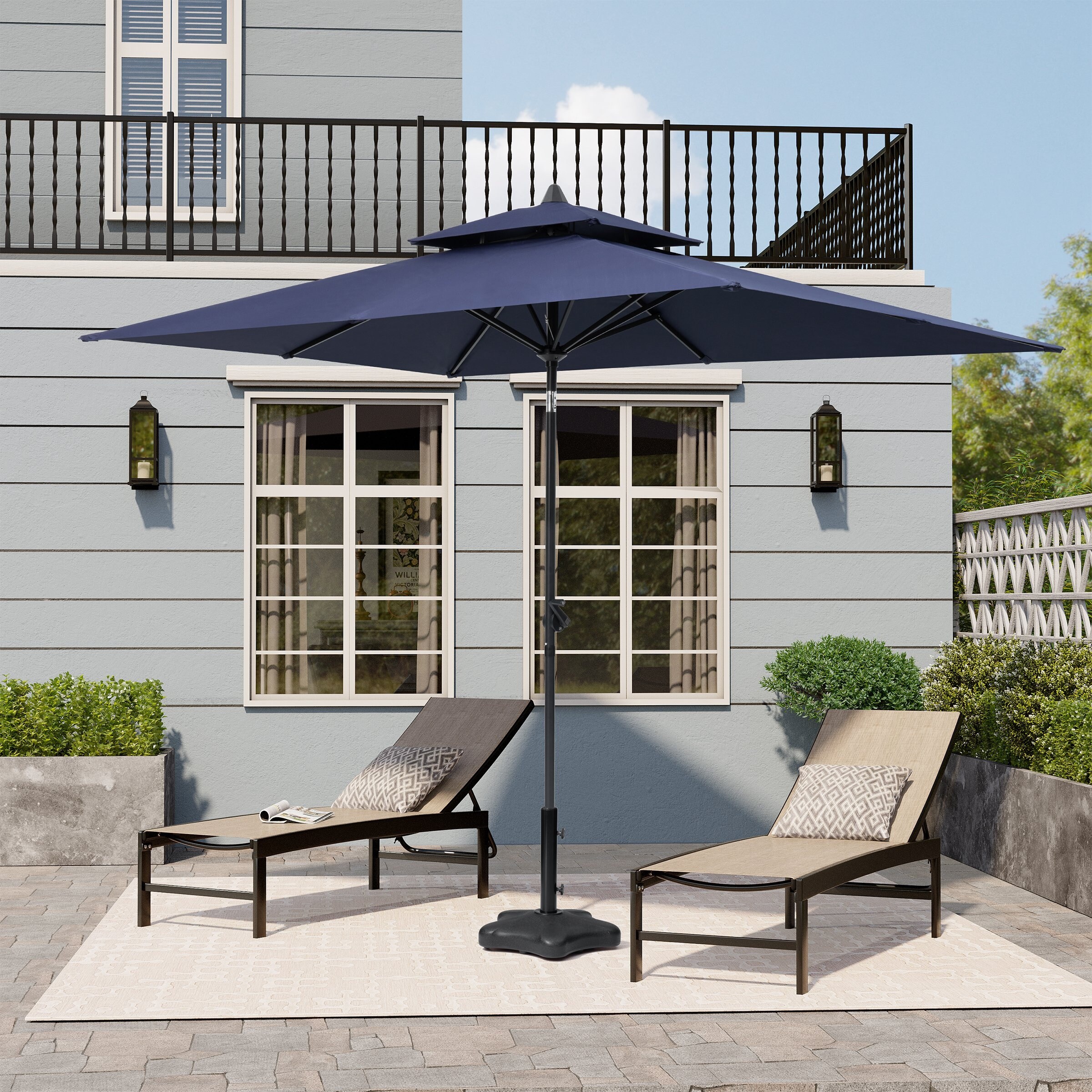 5ft outdoor patio umbrella Formosa Covers 7.5ft aluminum market crank & tilt color Hunter Green tipping weight 9 ft. x 5 ft.