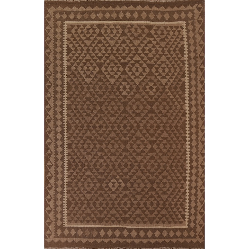 Hand Woven Oriental 100% Wool Carpet Southwestern Geometric Brown Kilim Area Rug - 9' 5'' X 6' 10''