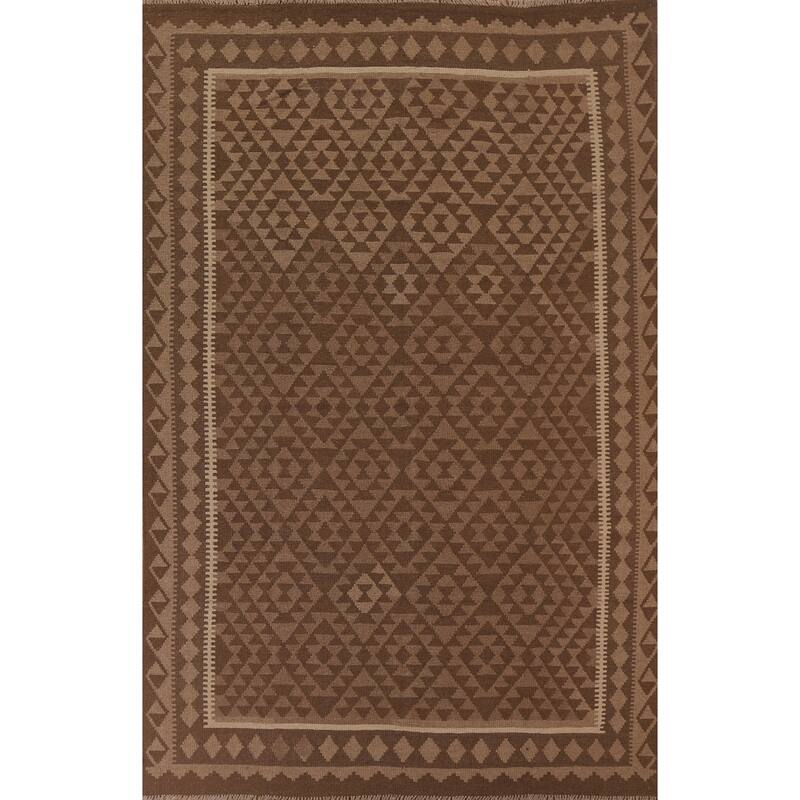 Hand Woven Oriental 100% Wool Carpet Southwestern Geometric Brown Kilim Area Rug - 9' 5'' X 6' 10''