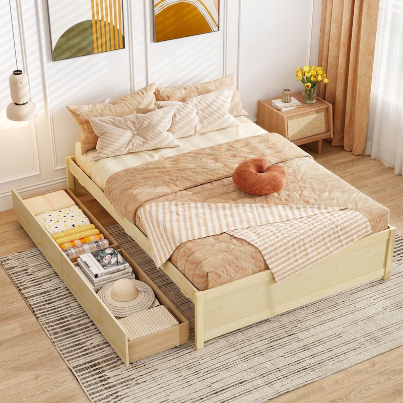 Costway Full/Queen Size Wooden Platform Bed with 2 Rolling Storage