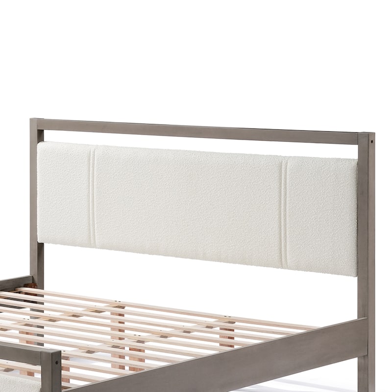 King Platform Bed with Ivory Boucle Headboard and Grey Wood Frame