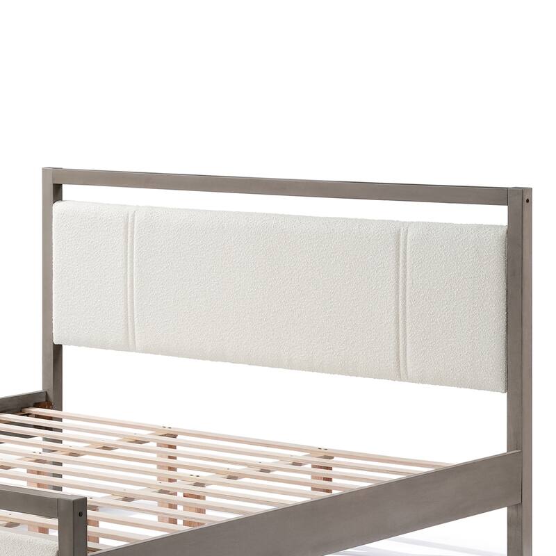 Roomfitters Wood Platform Bed Frame with Ivory Boucle Fabric Headboard and Underbed Storage, Grey and Ivory