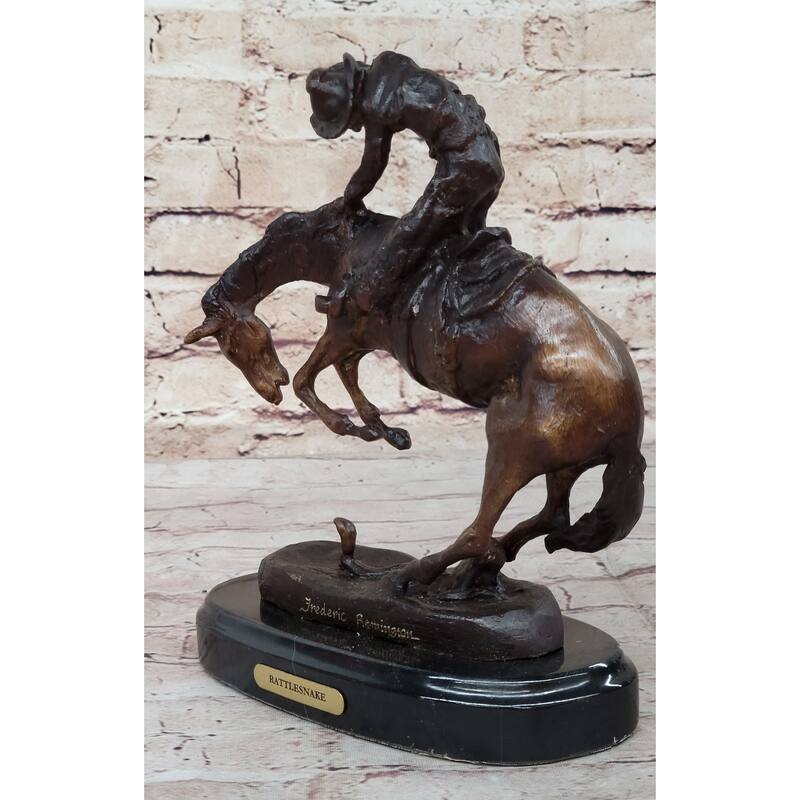 RattleImitative snake Frederic Remington Bronze On Marble Desktop Statue Sculpture 9 Inches X 8 Inches