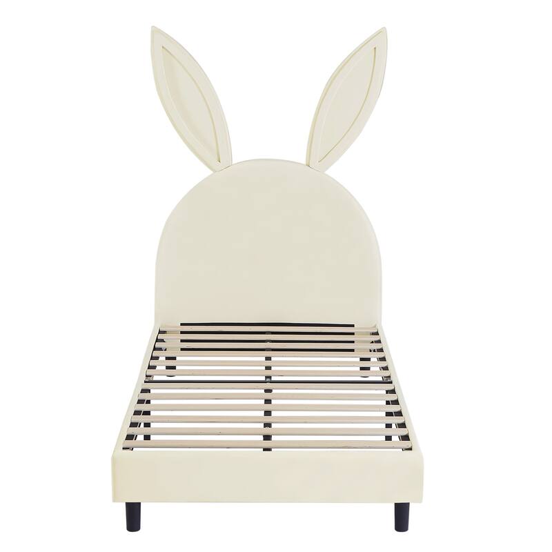 VECELO Wooden Cute Rabbit Twin Bed Frame with Upholstered Headboard, Kids Bed Frame