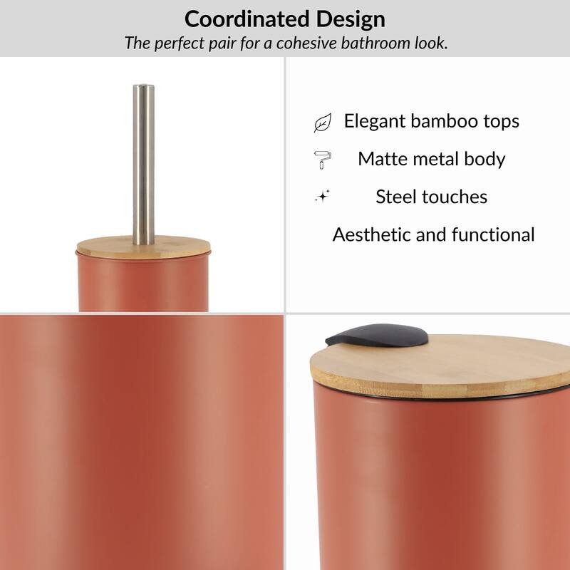Bathroom Set with Bamboo Lid - Matte Metal Trash Can and Toilet Brush - 15.6" H x 11" L x 11" W