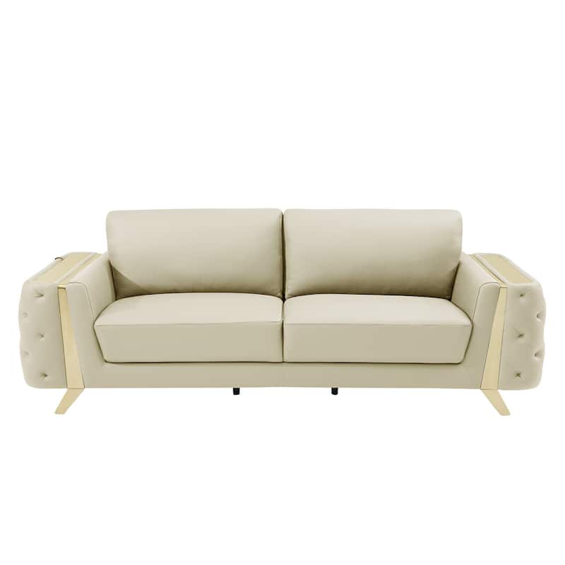HomeRoots 90" Beige Italian Leather Sofa With Gold Legs