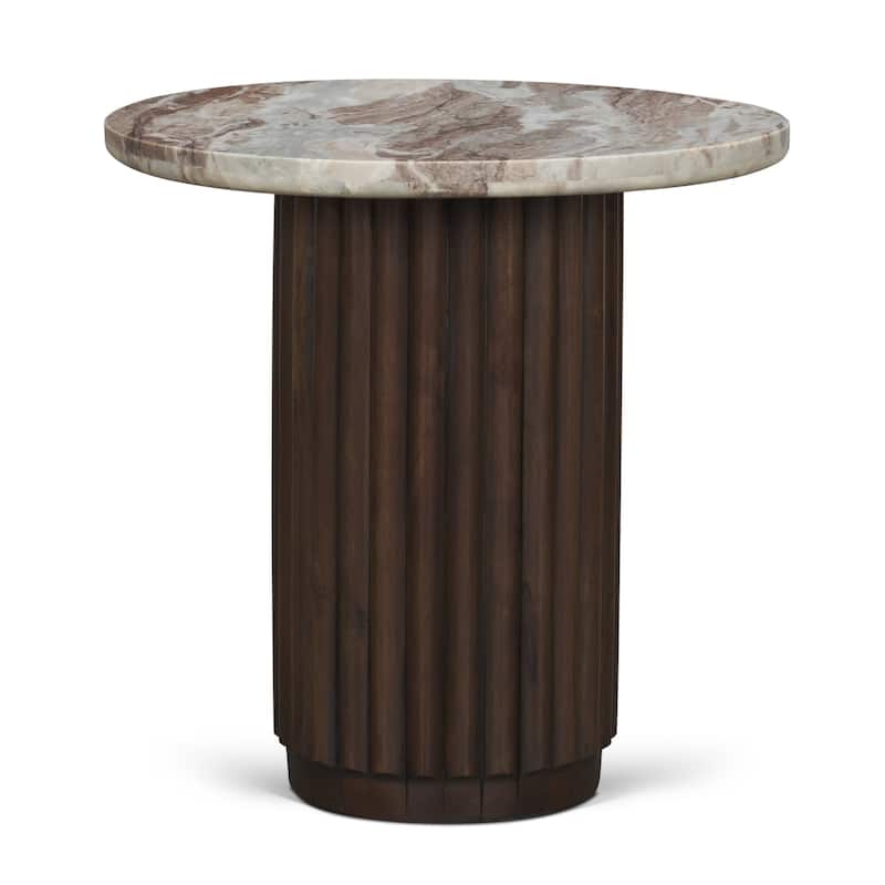 Marbrello Pink Marble Top Espresso Brown Fluted Wood Round Side Table - Brown