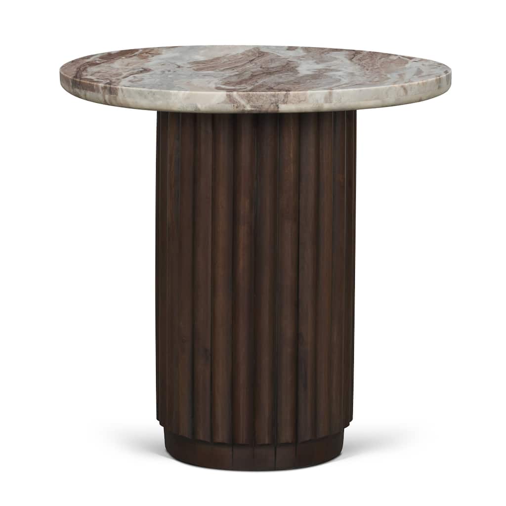 Marbrello Pink Marble Top Espresso Brown Fluted Wood Round Side Table
