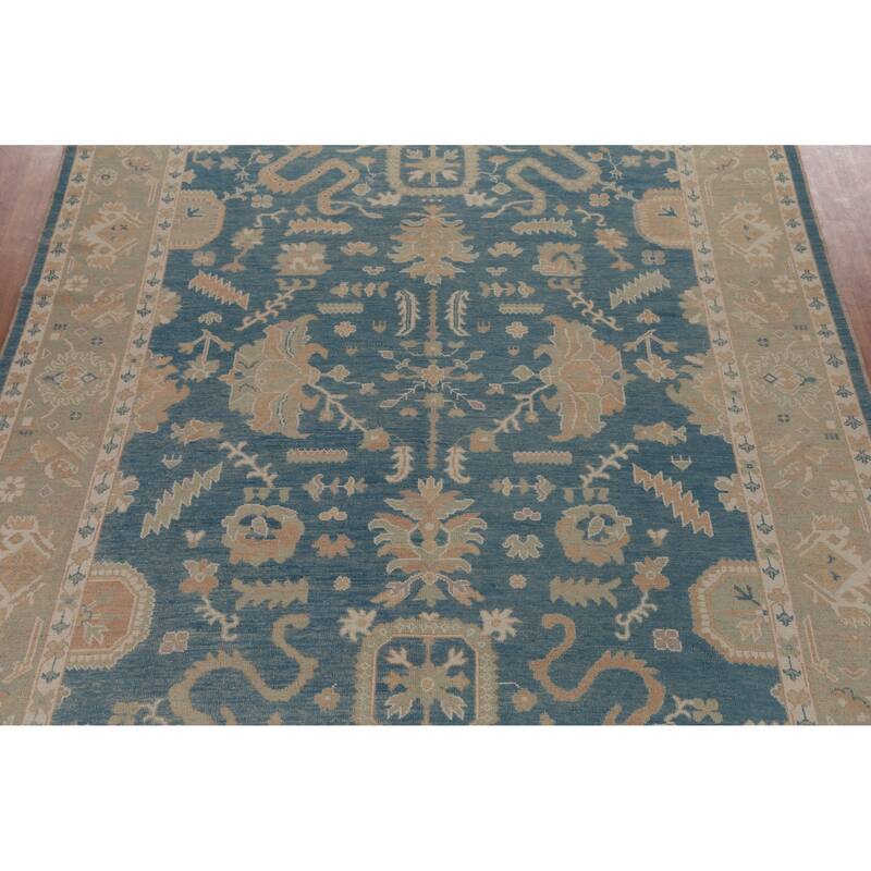 Hand Knotted Oriental 100% Wool Carpet Transitional All-Over Navy Blue & Blues Oushak Area Rug - 12' 0'' X 8' 9''