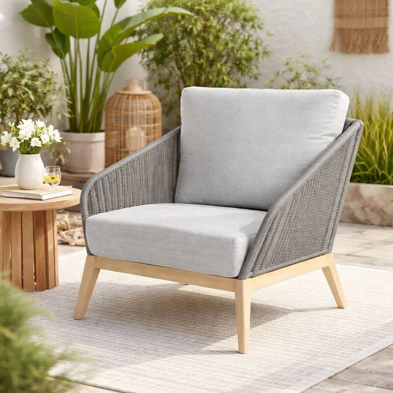 Dexi 30 Inch Patio Sofa Chair, Fade Resistant Fabric Cushions, Gray Rope