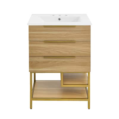 Carre 24 In. White Oak Bathroom Vanity With White, 3-Hole Ceramic Sink Top