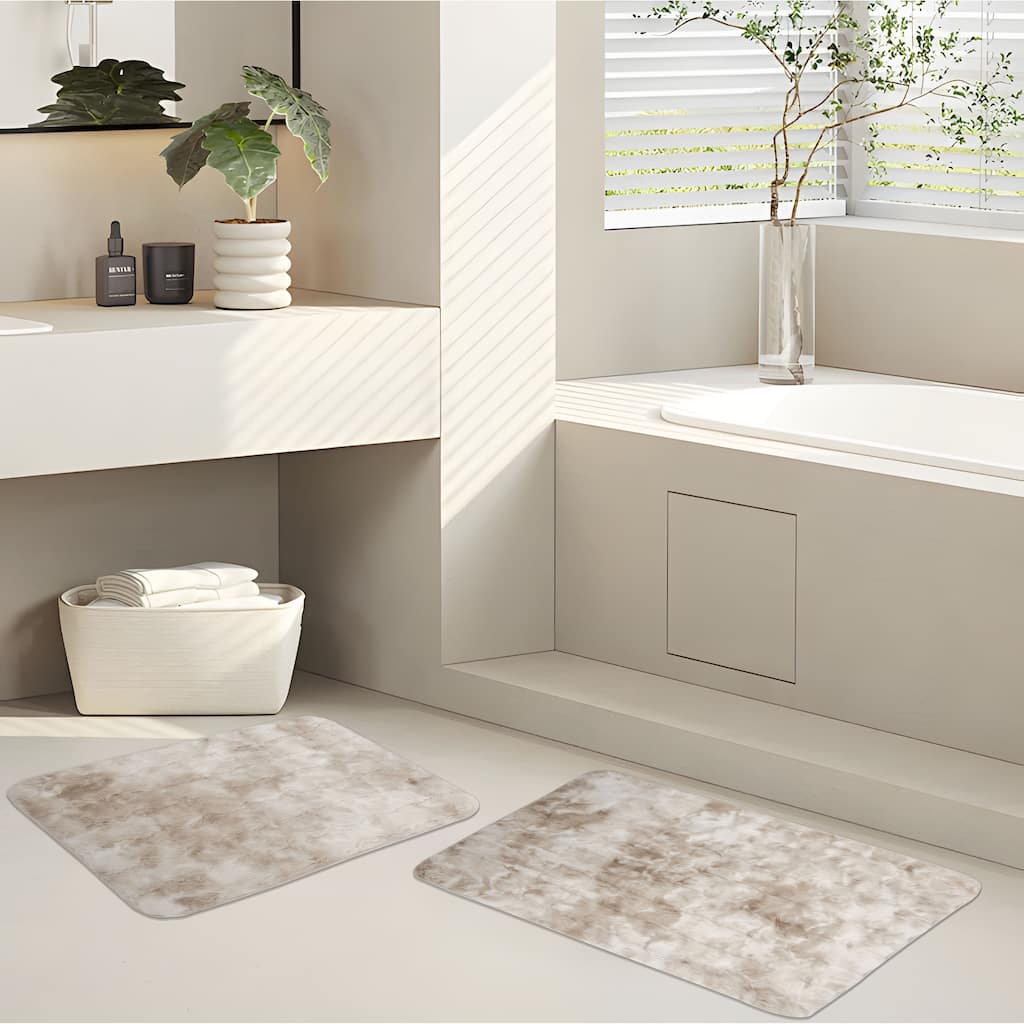 Green 2 Piece Striped Textured Ultra Soft Faux Fake Fur Rabbit Non-Slip Absorbent Bathroom Bath Mat Set