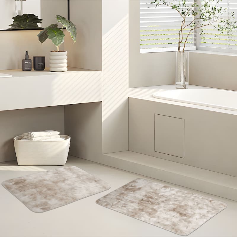 Green 2 Piece Striped Textured Ultra Soft Faux Fake Fur Rabbit Non-Slip Absorbent Bathroom Bath Mat Set - Taupe