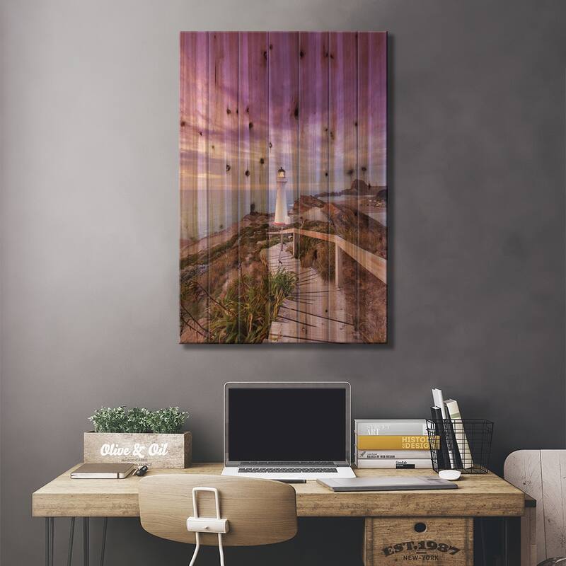 New Zealand, North Island, Castlepoint. Castlepoint Lighthouse I Print On Wood by Walter Bibikow - Multi-Color